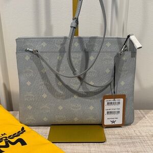 MCM Misty Gray Visetos Crossbody Zipper Pouch NWT with Dustbag